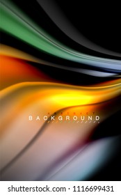 Fluid liquid glowing colors design, colorful marble or plastic wavy texture background, glowing multicolored elements on black, for business or technology presentation or web brochure cover design