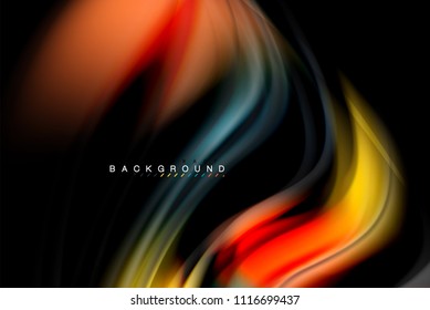 Fluid liquid glowing colors design, colorful marble or plastic wavy texture background, glowing multicolored elements on black, for business or technology presentation or web brochure cover design