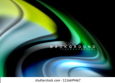 Fluid liquid glowing colors design, colorful marble or plastic wavy texture background, glowing multicolored elements on black, for business or technology presentation or web brochure cover design