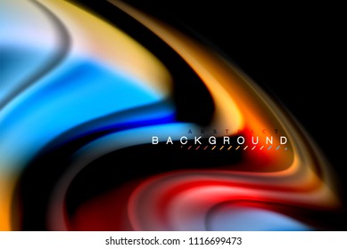 Flüssige flüssige Farben, bunter Marmor oder plastischer Wavy-Texturhintergrund, leuchtende mehrfarbige Elemente auf Schwarz, für Geschäfts- oder Technologiepräsentation oder Webbroschürendesign