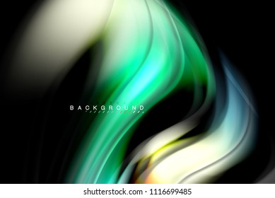 Fluid liquid glowing colors design, colorful marble or plastic wavy texture background, glowing multicolored elements on black, for business or technology presentation or web brochure cover design
