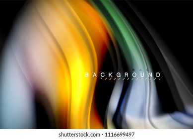 Fluid liquid glowing colors design, colorful marble or plastic wavy texture background, glowing multicolored elements on black, for business or technology presentation or web brochure cover design