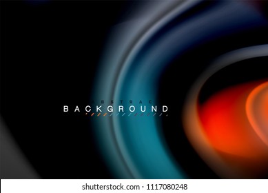 Fluid liquid glowing colors design, colorful marble or plastic wavy texture background, glowing multicolored elements on black, for business or technology presentation or web brochure cover design