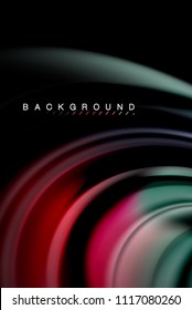 Fluid liquid glowing colors design, colorful marble or plastic wavy texture background, glowing multicolored elements on black, for business or technology presentation or web brochure cover design