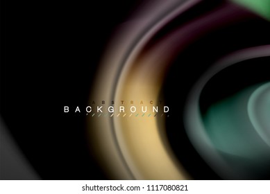 Fluid liquid glowing colors design, colorful marble or plastic wavy texture background, glowing multicolored elements on black, for business or technology presentation or web brochure cover design