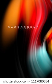 Fluid liquid glowing colors design, colorful marble or plastic wavy texture background, glowing multicolored elements on black, for business or technology presentation or web brochure cover design