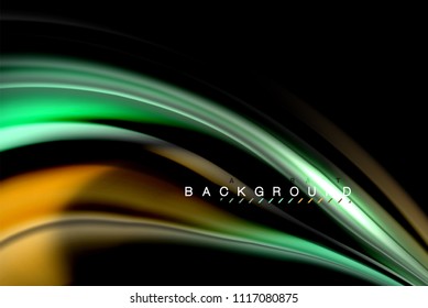 Fluid liquid glowing colors design, colorful marble or plastic wavy texture background, glowing multicolored elements on black, for business or technology presentation or web brochure cover design