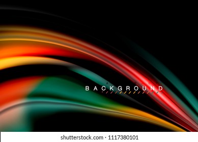 Fluid liquid glowing colors design, colorful marble or plastic wavy texture background, glowing multicolored elements on black, for business or technology presentation or web brochure cover design