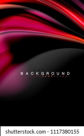 Fluid liquid glowing colors design, colorful marble or plastic wavy texture background, glowing multicolored elements on black, for business or technology presentation or web brochure cover design