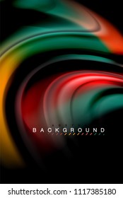 Flüssige flüssige Farben, bunter Marmor oder plastischer Wavy-Texturhintergrund, leuchtende mehrfarbige Elemente auf Schwarz, für Geschäfts- oder Technologiepräsentation oder Webbroschürendesign