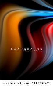 Fluid liquid glowing colors design, colorful marble or plastic wavy texture background, glowing multicolored elements on black, for business or technology presentation or web brochure cover design