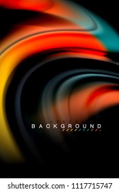 Fluid liquid glowing colors design, colorful marble or plastic wavy texture background, glowing multicolored elements on black, for business or technology presentation or web brochure cover design