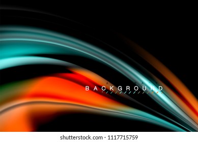 Fluid liquid glowing colors design, colorful marble or plastic wavy texture background, glowing multicolored elements on black, for business or technology presentation or web brochure cover design