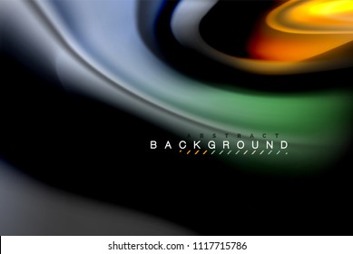 Fluid liquid glowing colors design, colorful marble or plastic wavy texture background, glowing multicolored elements on black, for business or technology presentation or web brochure cover design