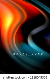 Fluid liquid glowing colors design, colorful marble or plastic wavy texture background, glowing multicolored elements on black, for business or technology presentation or web brochure cover design