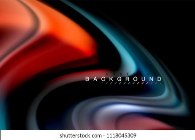 Fluid liquid glowing colors design, colorful marble or plastic wavy texture background, glowing multicolored elements on black, for business or technology presentation or web brochure cover design