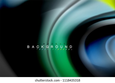 Fluid liquid glowing colors design, colorful marble or plastic wavy texture background, glowing multicolored elements on black, for business or technology presentation or web brochure cover design