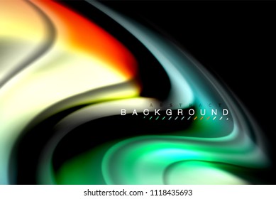 Fluid liquid glowing colors design, colorful marble or plastic wavy texture background, glowing multicolored elements on black, for business or technology presentation or web brochure cover design