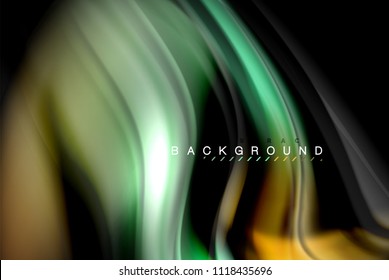 Fluid liquid glowing colors design, colorful marble or plastic wavy texture background, glowing multicolored elements on black, for business or technology presentation or web brochure cover design