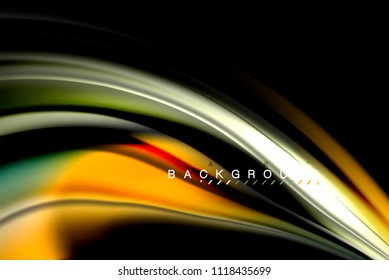 Fluid liquid glowing colors design, colorful marble or plastic wavy texture background, glowing multicolored elements on black, for business or technology presentation or web brochure cover design