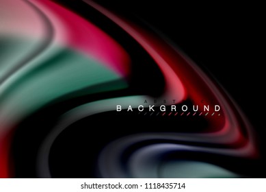 Fluid liquid glowing colors design, colorful marble or plastic wavy texture background, glowing multicolored elements on black, for business or technology presentation or web brochure cover design