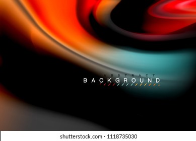 Fluid liquid glowing colors design, colorful marble or plastic wavy texture background, glowing multicolored elements on black, for business or technology presentation or web brochure cover design