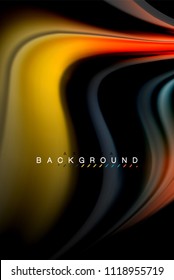 Fluid liquid glowing colors design, colorful marble or plastic wavy texture background, glowing multicolored elements on black, for business or technology presentation or web brochure cover design
