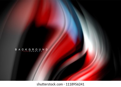 Fluid liquid glowing colors design, colorful marble or plastic wavy texture background, glowing multicolored elements on black, for business or technology presentation or web brochure cover design