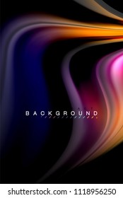 Fluid liquid glowing colors design, colorful marble or plastic wavy texture background, glowing multicolored elements on black, for business or technology presentation or web brochure cover design