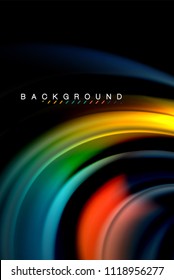 Flüssige flüssige Farben, bunter Marmor oder plastischer Wavy-Texturhintergrund, leuchtende mehrfarbige Elemente auf Schwarz, für Geschäfts- oder Technologiepräsentation oder Webbroschürendesign