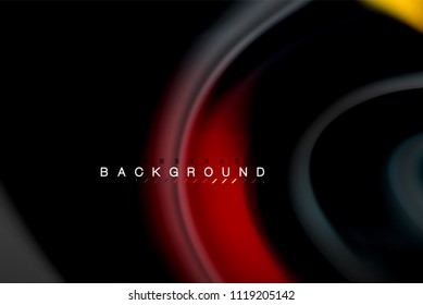 Fluid liquid glowing colors design, colorful marble or plastic wavy texture background, glowing multicolored elements on black, for business or technology presentation or web brochure cover design