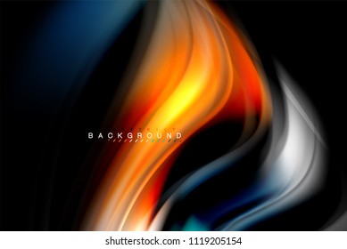Fluid liquid glowing colors design, colorful marble or plastic wavy texture background, glowing multicolored elements on black, for business or technology presentation or web brochure cover design