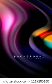 Fluid liquid glowing colors design, colorful marble or plastic wavy texture background, glowing multicolored elements on black, for business or technology presentation or web brochure cover design