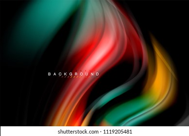 Fluid liquid glowing colors design, colorful marble or plastic wavy texture background, glowing multicolored elements on black, for business or technology presentation or web brochure cover design