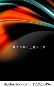 Fluid liquid glowing colors design, colorful marble or plastic wavy texture background, glowing multicolored elements on black, for business or technology presentation or web brochure cover design