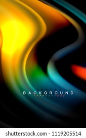 Fluid liquid glowing colors design, colorful marble or plastic wavy texture background, glowing multicolored elements on black, for business or technology presentation or web brochure cover design