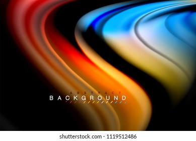 Flüssige flüssige Farben, bunter Marmor oder plastischer Wavy-Texturhintergrund, leuchtende mehrfarbige Elemente auf Schwarz, für Geschäfts- oder Technologiepräsentation oder Webbroschürendesign