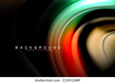 Fluid liquid glowing colors design, colorful marble or plastic wavy texture background, glowing multicolored elements on black, for business or technology presentation or web brochure cover design