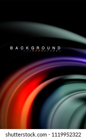 Flüssige flüssige Farben, bunter Marmor oder plastischer Wavy-Texturhintergrund, leuchtende mehrfarbige Elemente auf Schwarz, für Geschäfts- oder Technologiepräsentation oder Webbroschürendesign