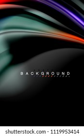 Fluid liquid glowing colors design, colorful marble or plastic wavy texture background, glowing multicolored elements on black, for business or technology presentation or web brochure cover design