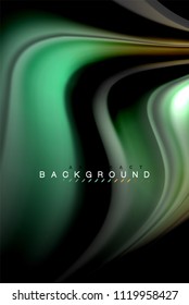 Fluid liquid glowing colors design, colorful marble or plastic wavy texture background, glowing multicolored elements on black, for business or technology presentation or web brochure cover design