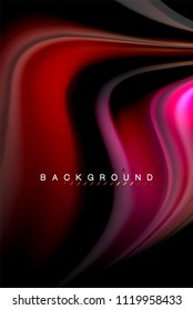 Fluid liquid glowing colors design, colorful marble or plastic wavy texture background, glowing multicolored elements on black, for business or technology presentation or web brochure cover design