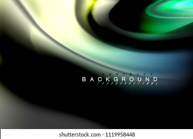 Fluid liquid glowing colors design, colorful marble or plastic wavy texture background, glowing multicolored elements on black, for business or technology presentation or web brochure cover design