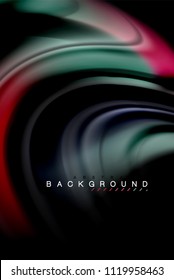Fluid liquid glowing colors design, colorful marble or plastic wavy texture background, glowing multicolored elements on black, for business or technology presentation or web brochure cover design
