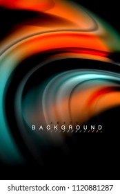 Flüssige flüssige Farben, bunter Marmor oder plastischer Wavy-Texturhintergrund, leuchtende mehrfarbige Elemente auf Schwarz, für Geschäfts- oder Technologiepräsentation oder Webbroschürendesign