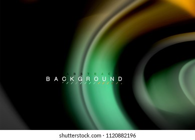 Fluid liquid glowing colors design, colorful marble or plastic wavy texture background, glowing multicolored elements on black, for business or technology presentation or web brochure cover design