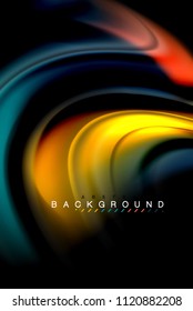 Fluid liquid glowing colors design, colorful marble or plastic wavy texture background, glowing multicolored elements on black, for business or technology presentation or web brochure cover design