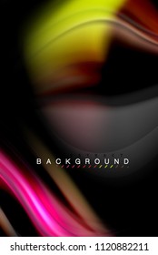 Fluid liquid glowing colors design, colorful marble or plastic wavy texture background, glowing multicolored elements on black, for business or technology presentation or web brochure cover design