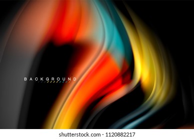 Fluid liquid glowing colors design, colorful marble or plastic wavy texture background, glowing multicolored elements on black, for business or technology presentation or web brochure cover design