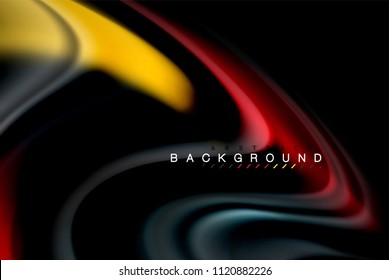 Fluid liquid glowing colors design, colorful marble or plastic wavy texture background, glowing multicolored elements on black, for business or technology presentation or web brochure cover design